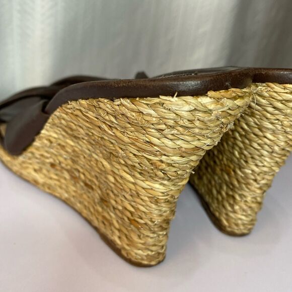 Michael Kors Chocolate Brown Leather Espadrille/Jute Wedge Sandals Size 10 - Picture 8 of 8